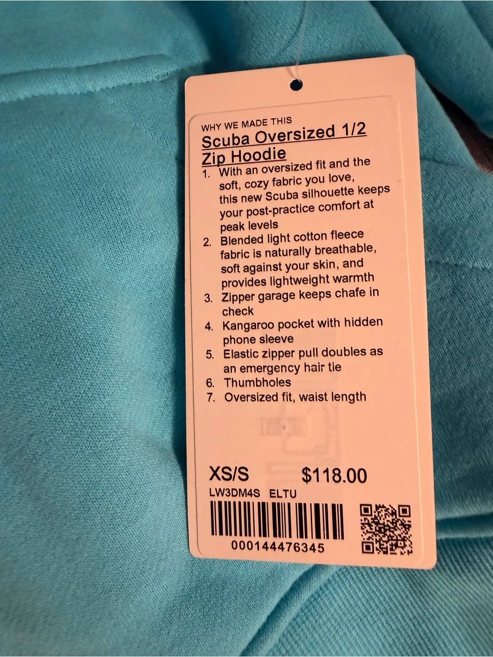 NWT Lululemon 1/2 Zip Scuba Oversized Hoodie - Electric Turquoise - XS/S - Rare!